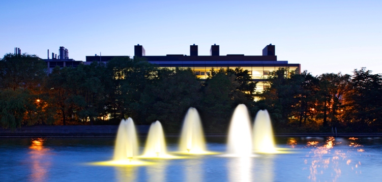 UCD Main square Lake at night, with illuminated fountains